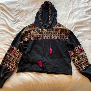 Very pretty, unique black hoodie with gold and purplish pink design.